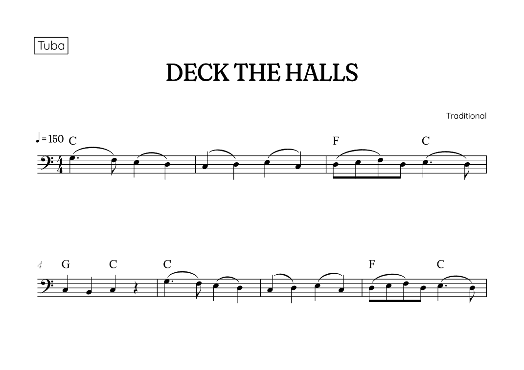 Deck the Halls for tuba • easy Christmas song sheet music with chords (arr. Benzaiten Editions)