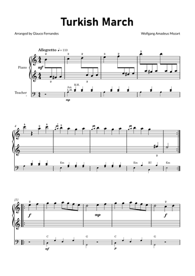 Turkish March by Mozart - Easy Piano for Beginners with Accompaniment for the Teacher (arr. Glauco Fernandes)