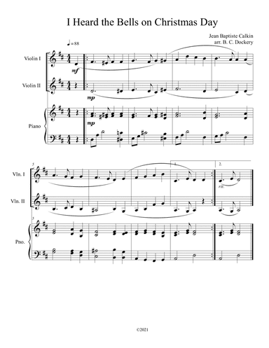 I Heard the Bells on Christmas Day (Violin Duet) with optional piano accompaniment (arr. B. C. Dockery)