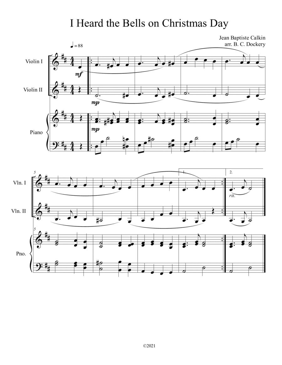 I Heard the Bells on Christmas Day (Violin Duet) with optional piano accompaniment (arr. B. C. Dockery)