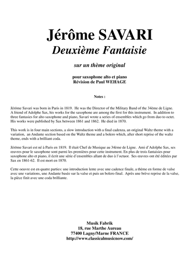 Jérôme Savari:  Deuxième Fantaisie sur un thème original pour saxophone alto et piano (arr. Musik Fabrik Music Publishing)
