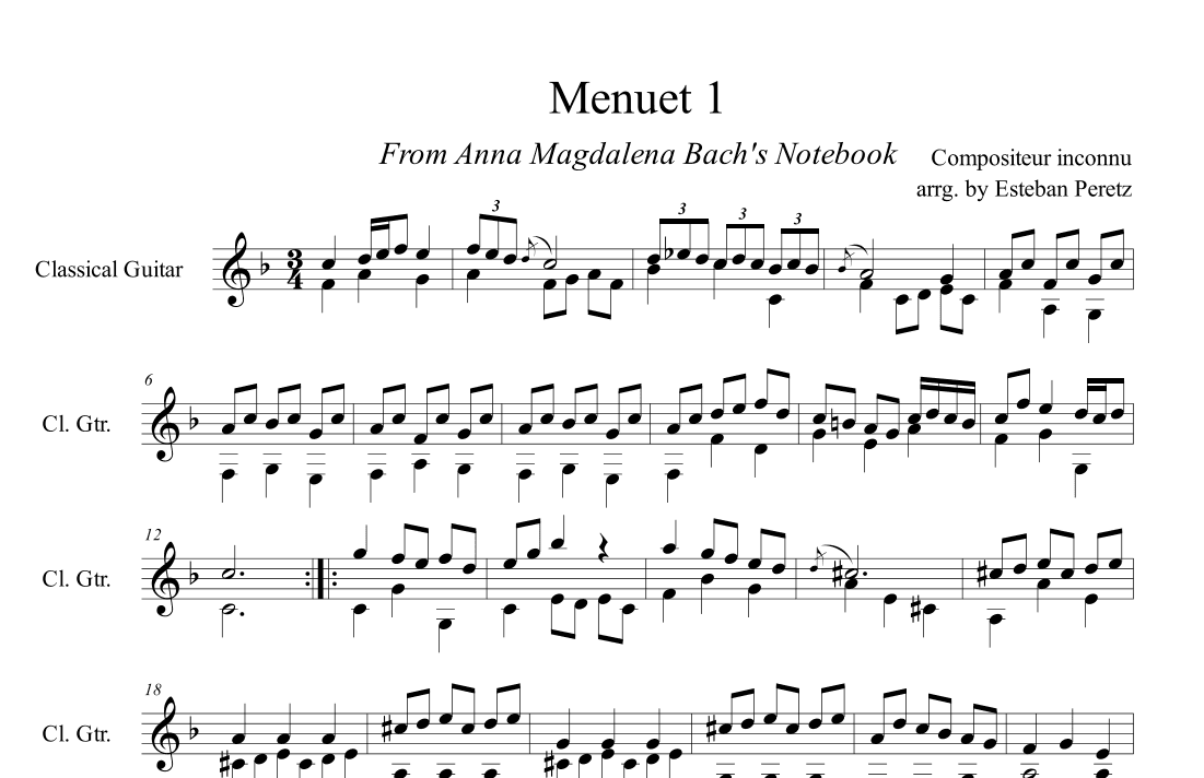 Menuet 1 from Anna Magdalena Bach's Notebook for Classical Guitar (arr. Esteban Peretz)