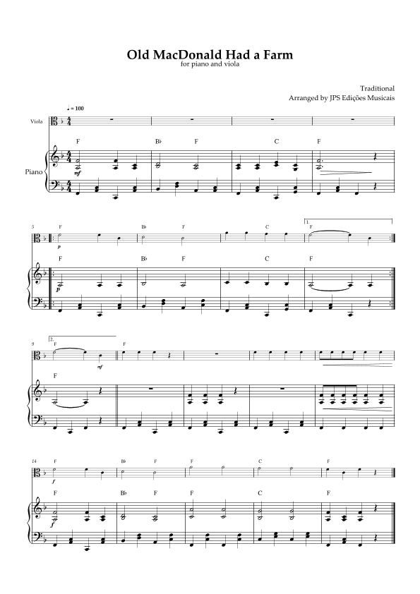 Old MacDonald Had A Farm for piano and viola (arr. JPS Edições Musicais)