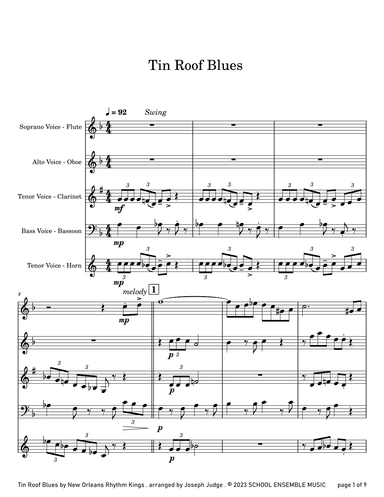 Tin Roof Blues by the Kings for Woodwind Quartet in Schools (arr. Joseph Judge)