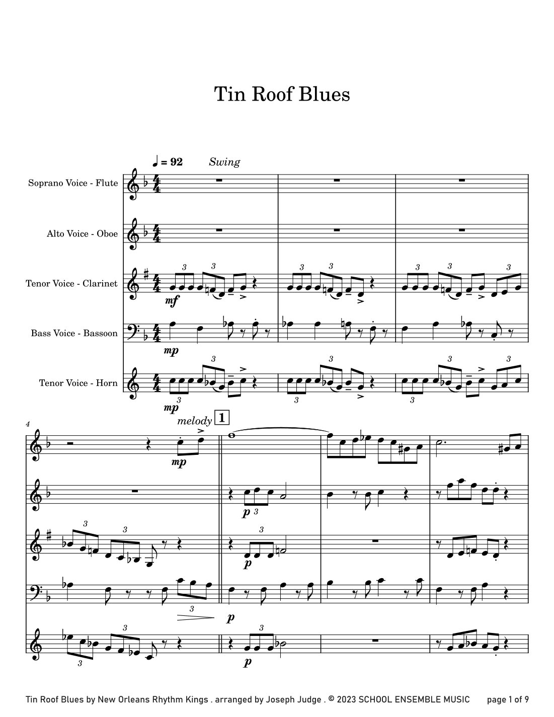 Tin Roof Blues by the Kings for Woodwind Quartet in Schools (arr. Joseph Judge)
