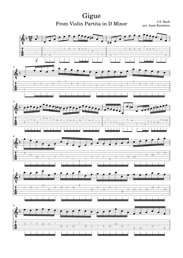 J.S. Bach: Gigue (From Violin Partita in D Minor BWV 1004) fingered for Electric Guitar (arr. Jussi Kontinen)
