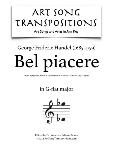 HANDEL: Bel piacere (transposed to G-flat major) (arr. ArtSongTranspositions.com)