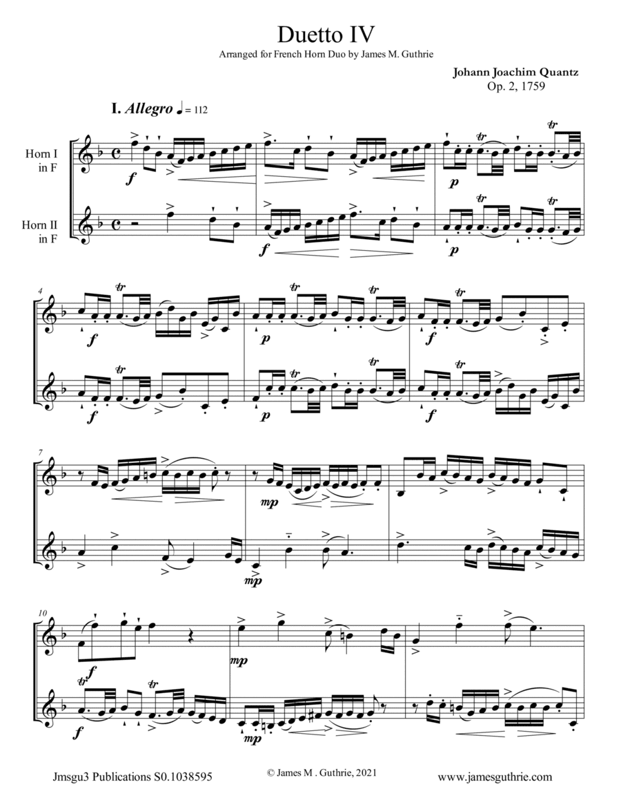 Quantz: Duetto Op. 2 No. 4 for French Horn Duo (arr. James M. Guthrie)