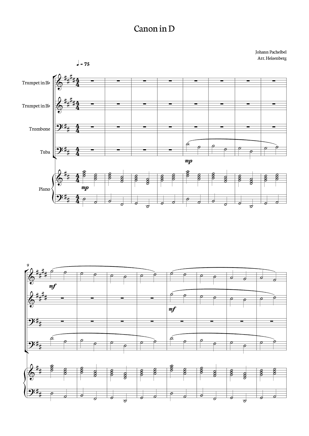 Canon in D - J. Pachelbel for Brass quartet with piano. (arr. Heisenberg)