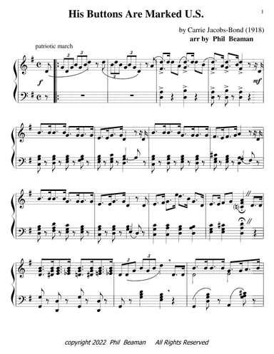 His Buttons Are Marked U.S.  - piano solo (arr. Phil Beaman)