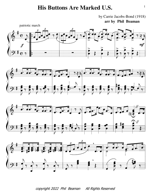 His Buttons Are Marked U.S.  - piano solo (arr. Phil Beaman)