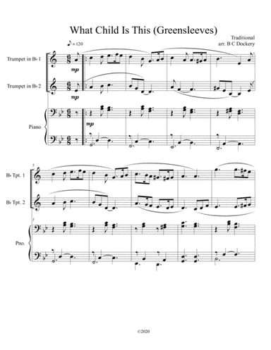 What Child Is This (Greensleeves) for trumpet duet with optional piano accompaniment (arr. B C Dockery)