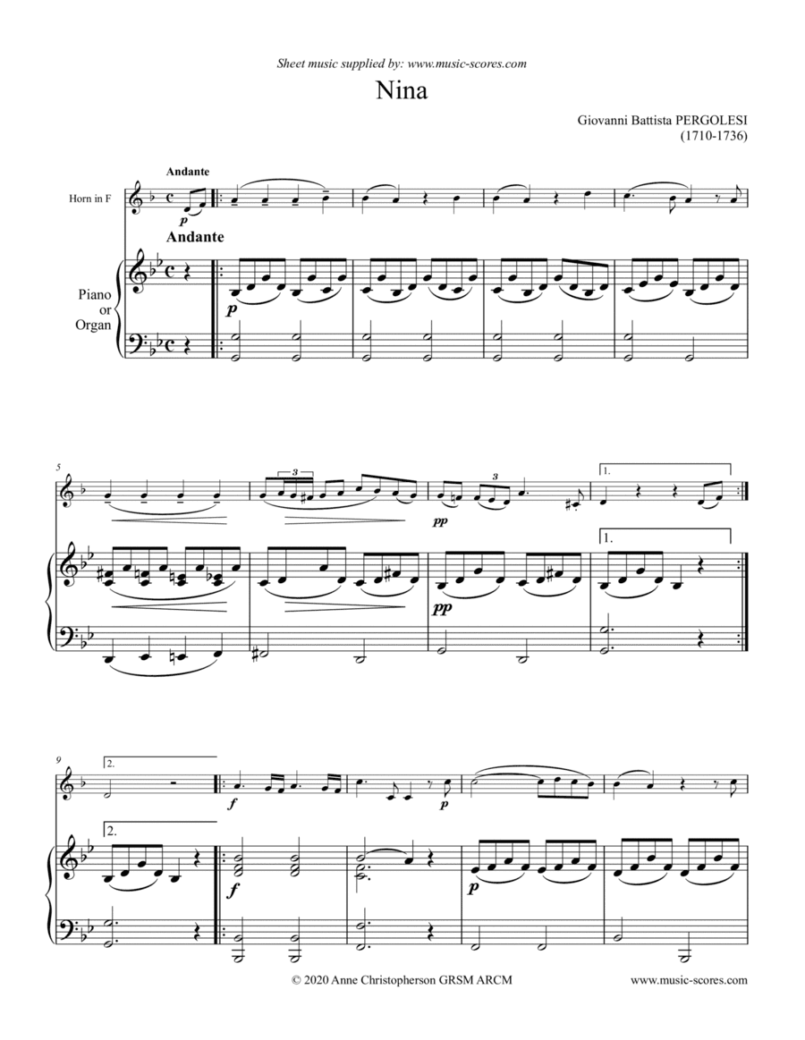 Nina - French Horn and Piano/Organ (G minor) (arr. Anne L Christopherson GRSM ARCM)
