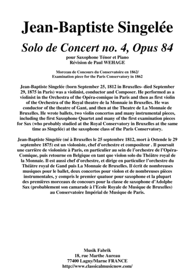 Jean-Baptiste Singelée Solo de Concert no. 4, Opus 84 for tenor saxophone and piano (arr. Musik Fabrik Music Publishing)