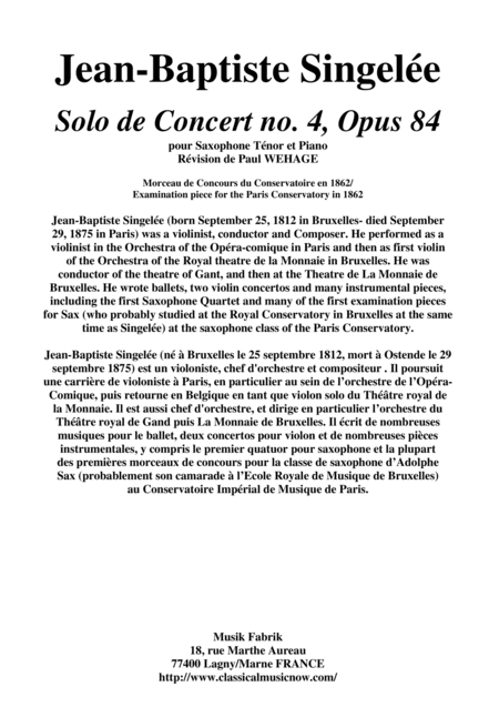 Jean-Baptiste Singelée Solo de Concert no. 4, Opus 84 for tenor saxophone and piano (arr. Musik Fabrik Music Publishing)