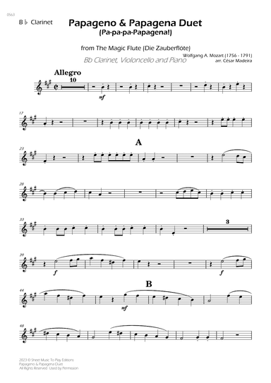 Papageno and Papagena Duet - Bb Clarinet, Cello and Piano (Individual Parts) (arr. César Madeira)