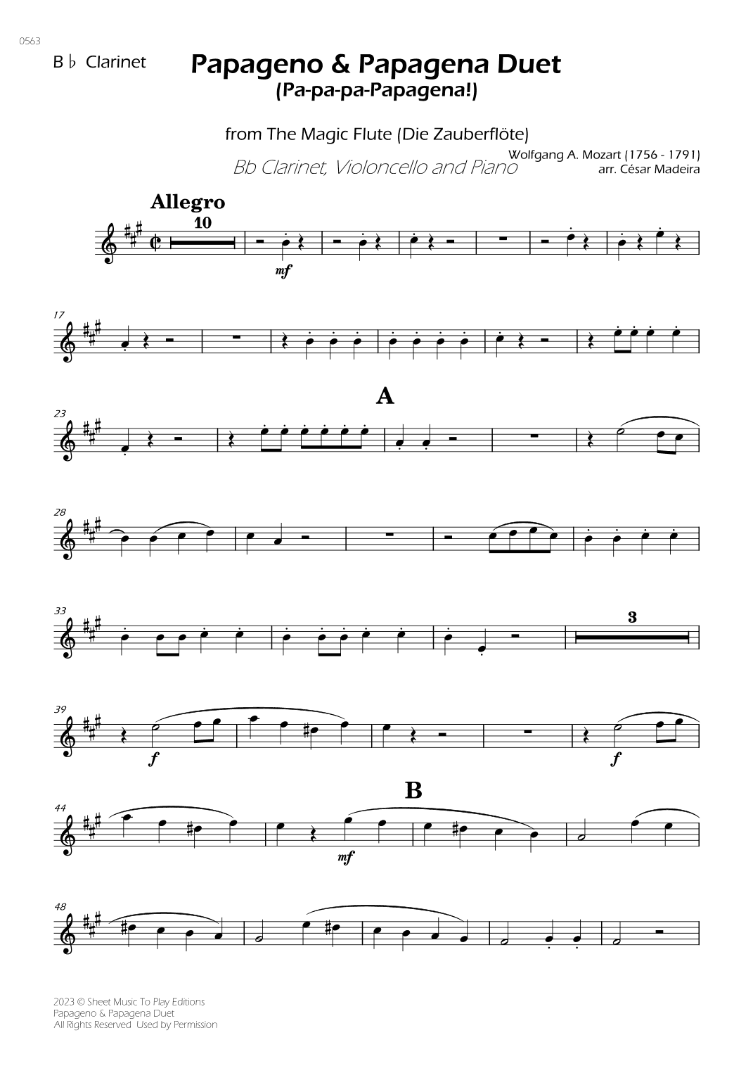 Papageno and Papagena Duet - Bb Clarinet, Cello and Piano (Individual Parts) (arr. César Madeira)
