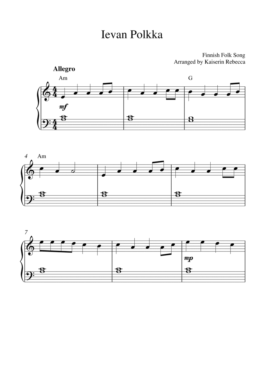 Ievan Polkka (for easy piano with chords) (arr. Kaiserin Rebecca)