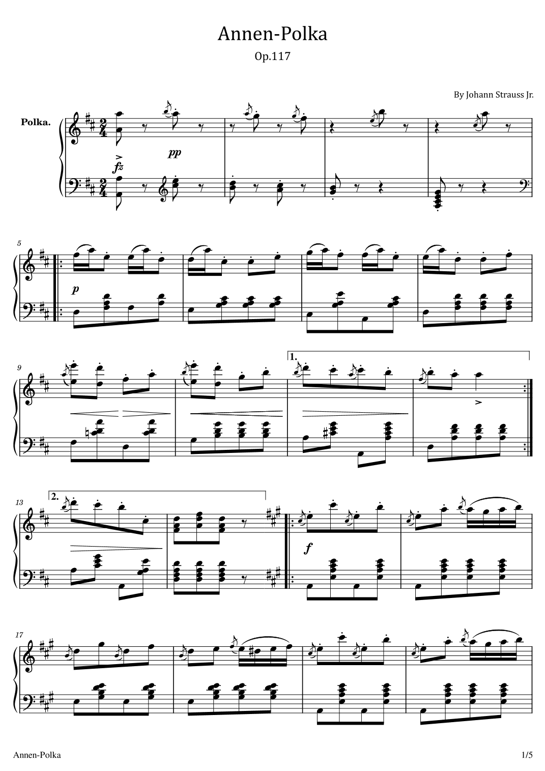 Annen-Polka - Op.117 – Johann Strauss Jr. - For Piano Solo Original (arr. poon)