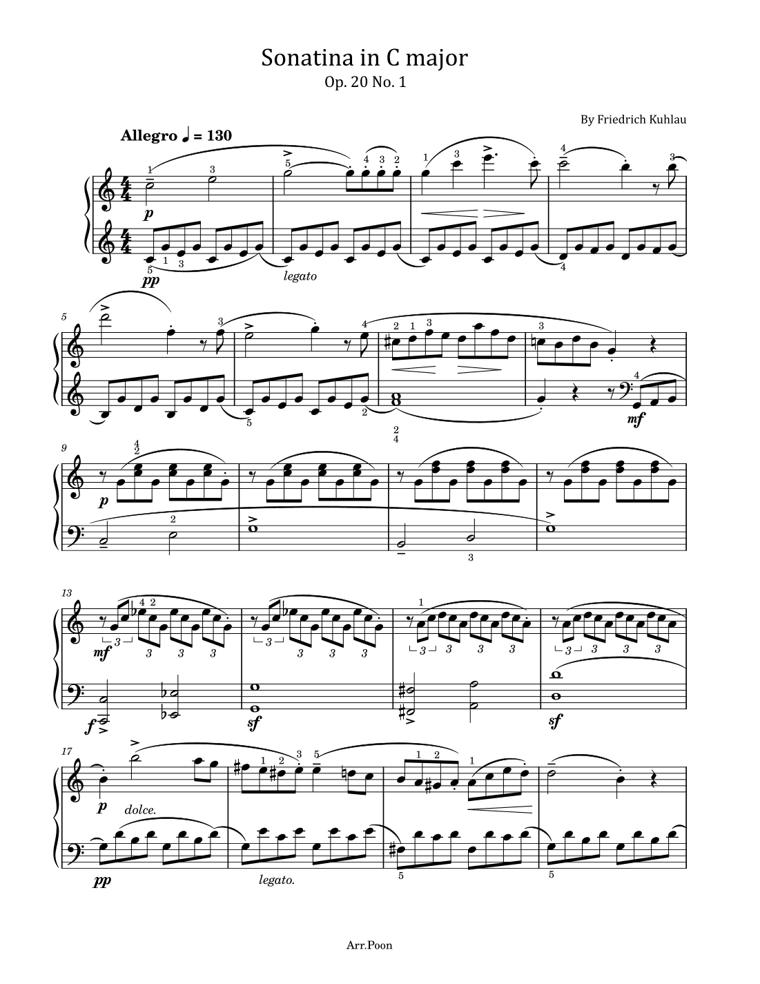 Kuhlau - Sonatina in C major - Op.20, No.1 - Original With Fingered (arr. poon)