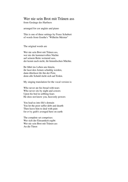 Wer nie sein Brot mit Tränen ass (Who never ate his bread with tears) for cor anglais and piano (arr. David Warin Solomons)