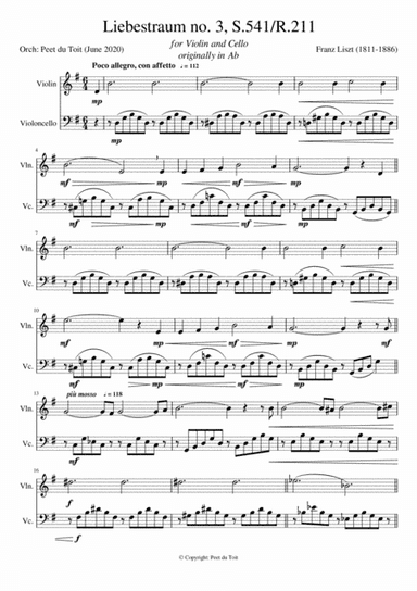 Liebestraum no. 3, S.541 R.211 - F Liszt (Violin & Cello) excerpt (arr. Peet du Toit)