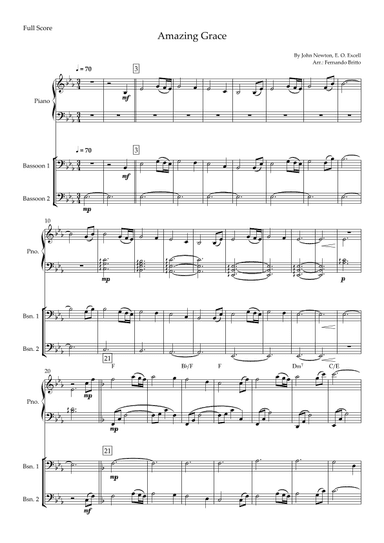 Amazing Grace (John Newton, E. O. Excell) for Bassoon Duo and Piano Accompaniment with Chords (arr. Fernando Britto)