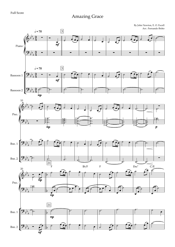 Amazing Grace (John Newton, E. O. Excell) for Bassoon Duo and Piano Accompaniment with Chords (arr. Fernando Britto)