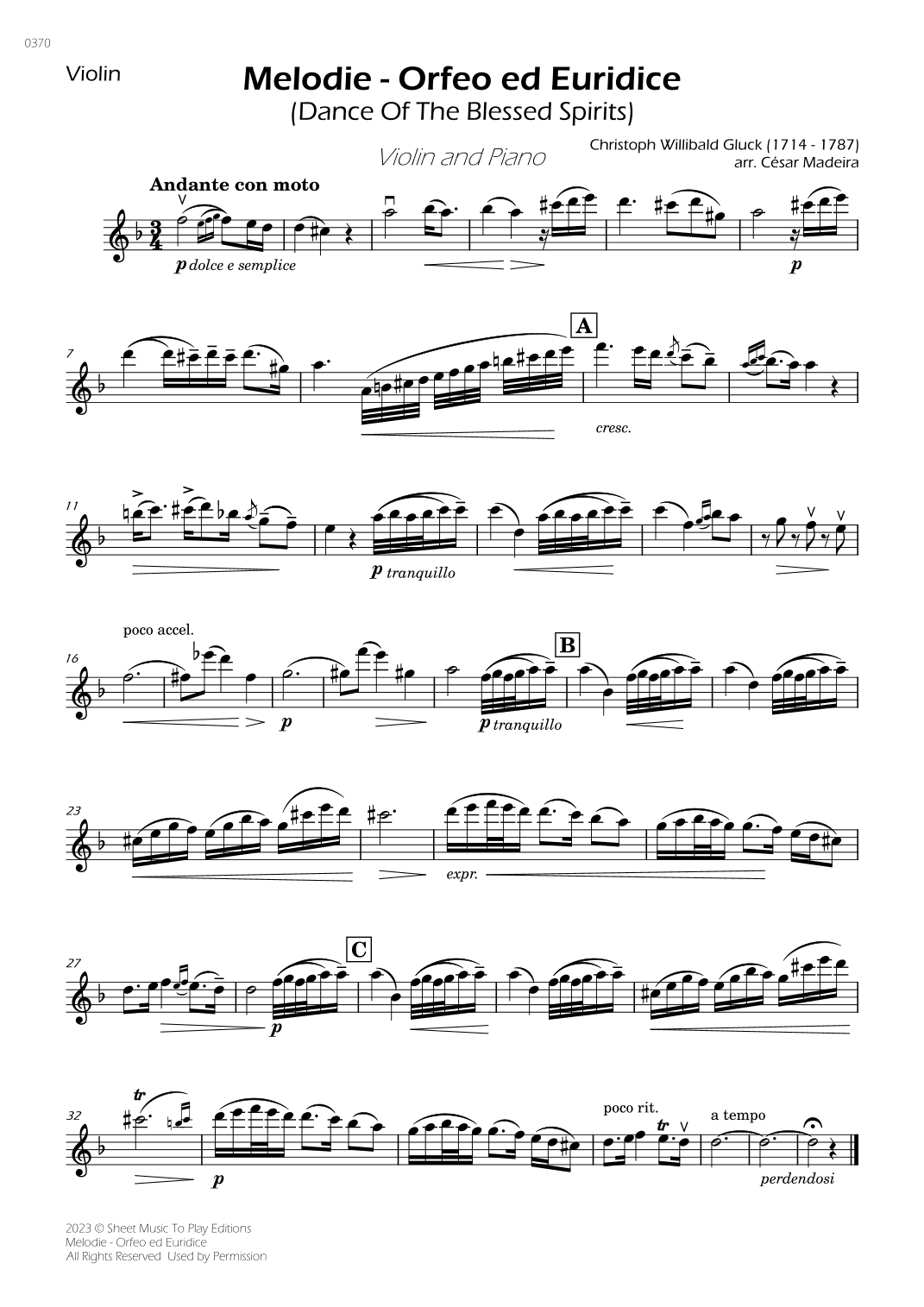 Melodie from Orfeo ed Euridice - Violin and Piano (Individual Parts) (arr. Sheet Music To Play Editions)