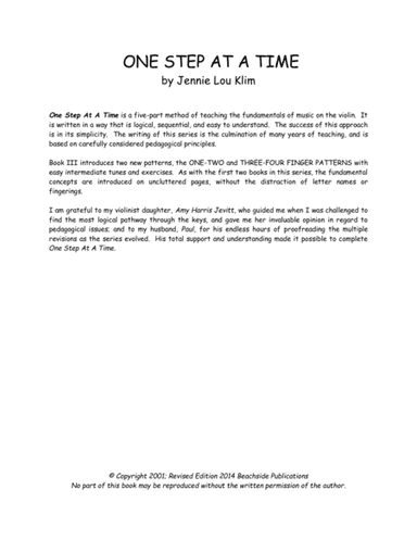 One Step At A Time, Book III for violin
