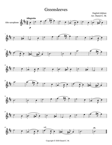 Greensleeves for alto saxophone and piano (arr. Daniel C. M.)
