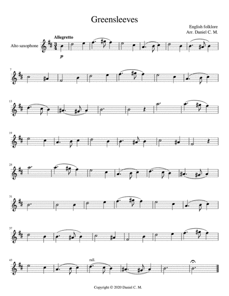 Greensleeves for alto saxophone and piano (arr. Daniel C. M.)