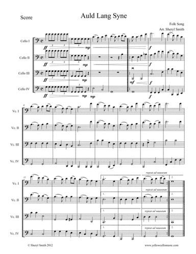 Auld Lang Syne, arranged for four intermediate cellos / cello quartet (arr. Yellow Cello Music)