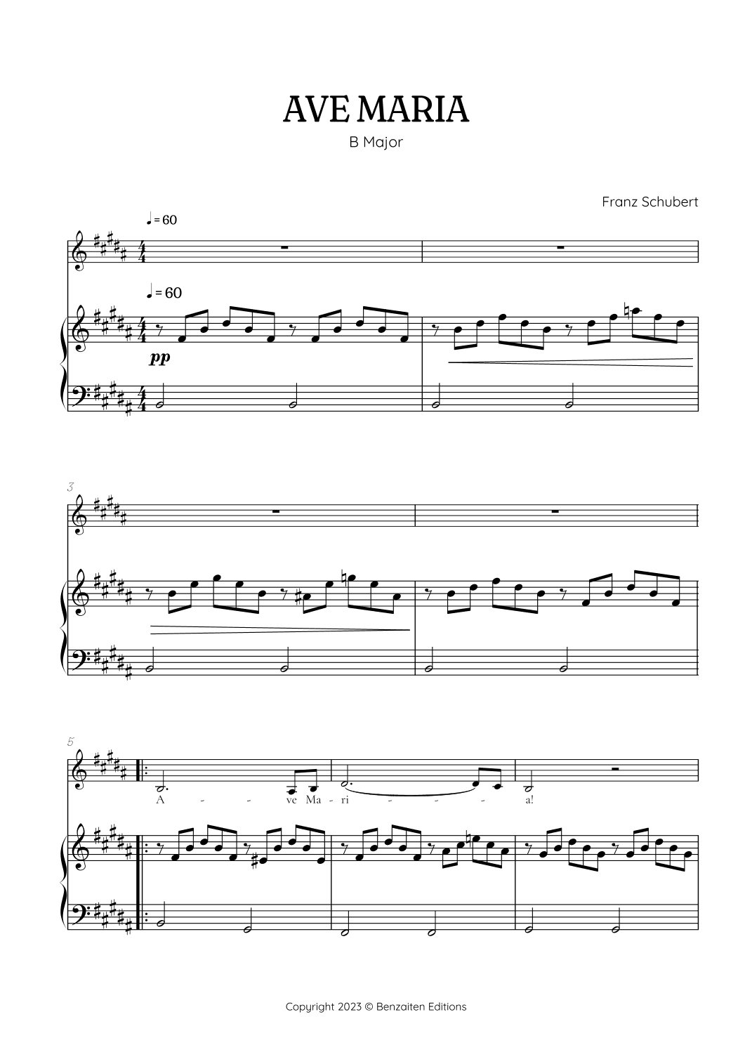 Schubert Ave Maria in B Major • alto voice sheet music with easy piano accompaniment (arr. Benzaiten Editions)