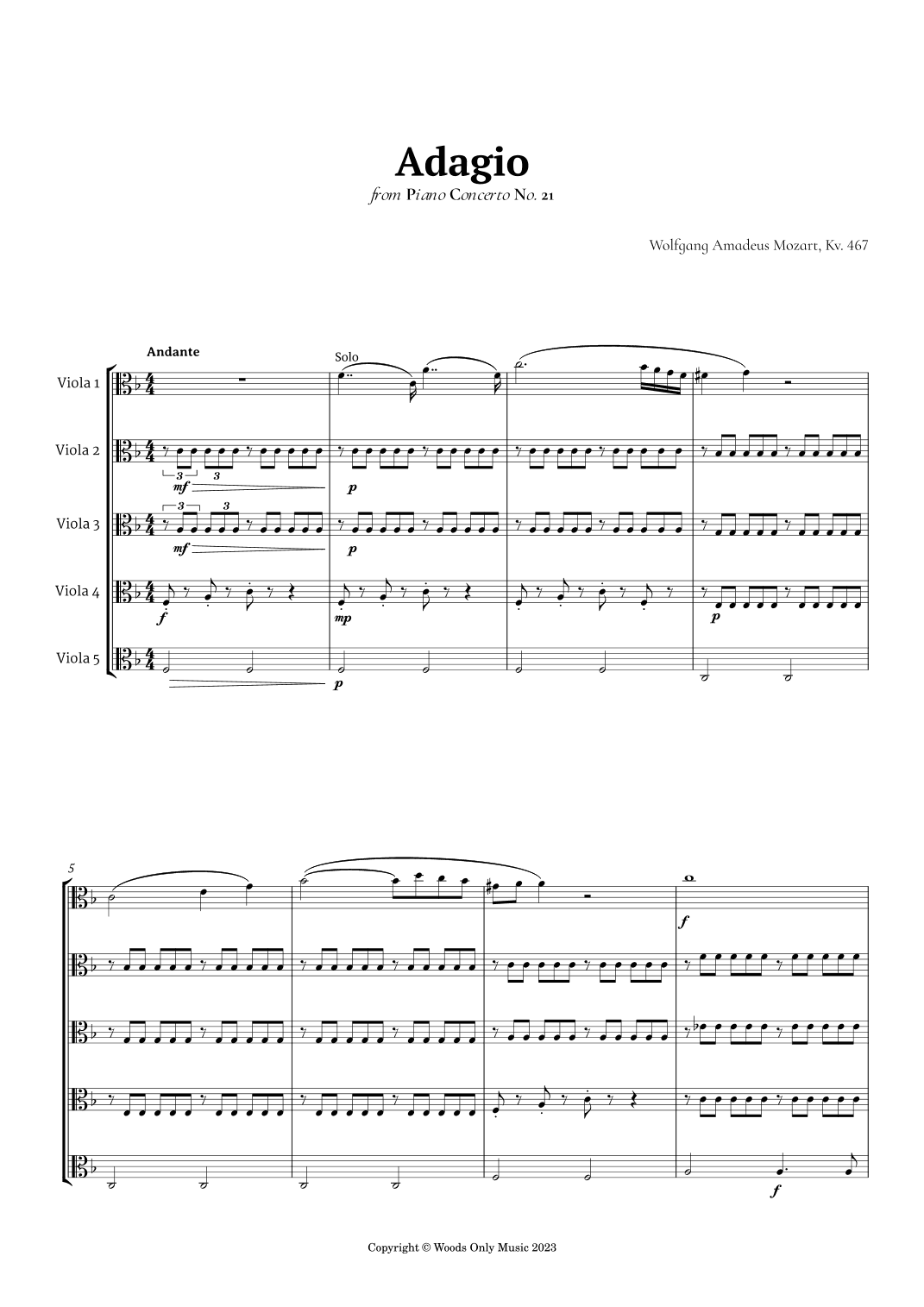 Andante from Piano Concerto No. 21 by Mozart for Viola Quintet (arr. Ander)