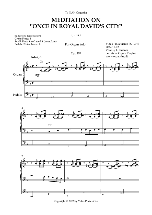 Meditation on "Once in Royal David's City", Op. 197 (Organ Solo) by Vidas Pinkevicius