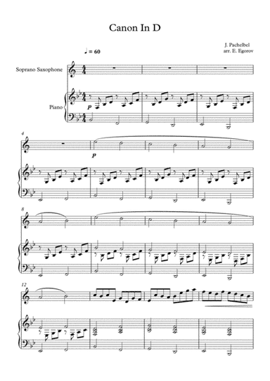 Canon In D, Johann Pachelbel, For Soprano Saxophone & Piano