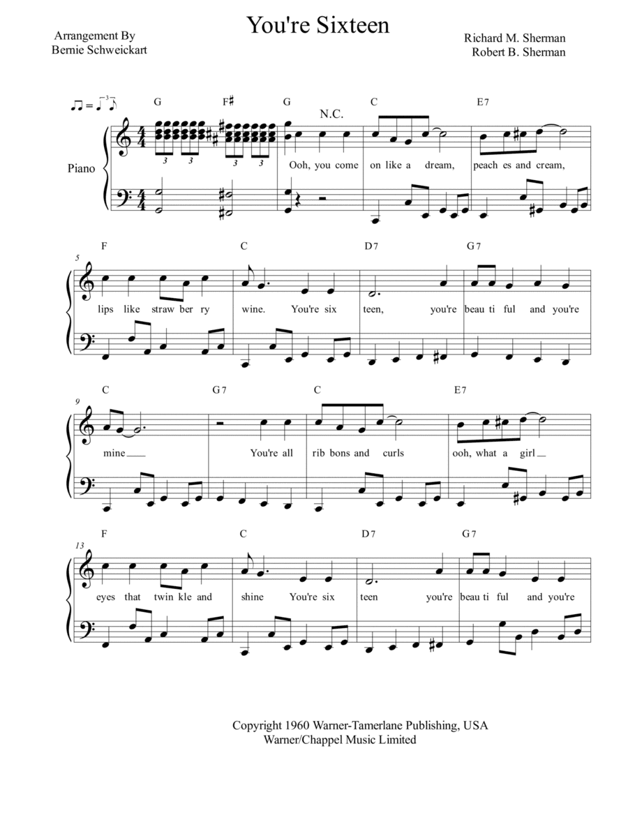 You're Sixteen (you're Beautiful And You're Mine) (arr. Bernie Schweickart)