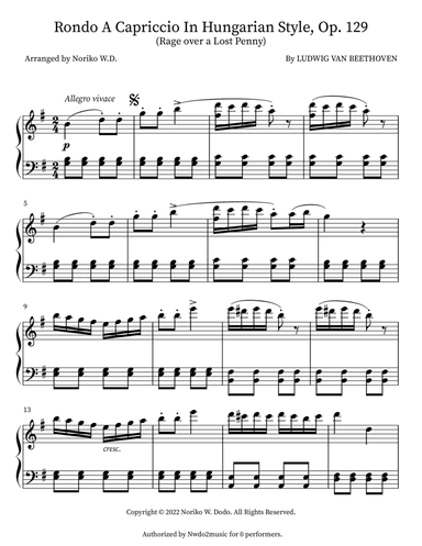 Rondo a capriccio in G(Rage over a lost penny) Op.129 (arr. Noriko W.D.)