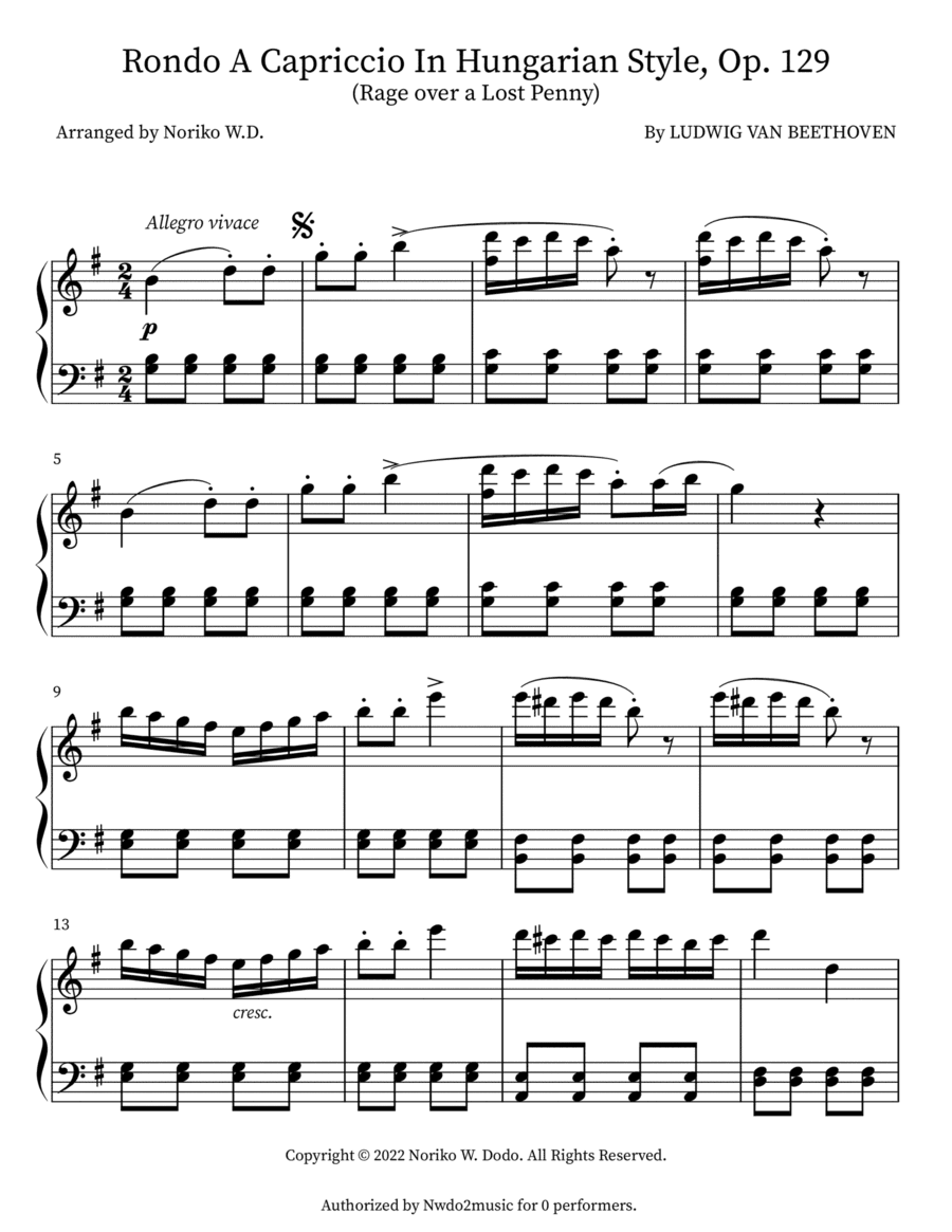 Rondo a capriccio in G(Rage over a lost penny) Op.129 (arr. Noriko W.D.)