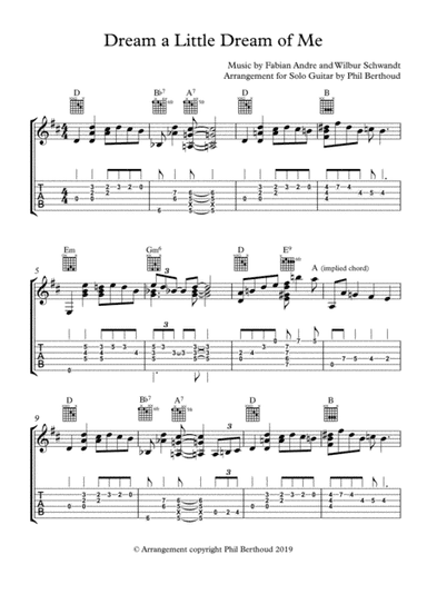 Dream a Little Dream of Me - Solo Guitar (plectrum or fingerpicking) (arr. Phil Berthoud)