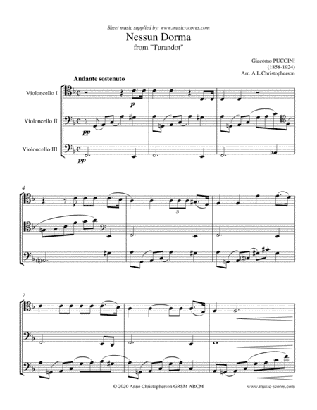 Nessun Dorma - Cello Trio (arr. Anne L Christopherson GRSM ARCM)