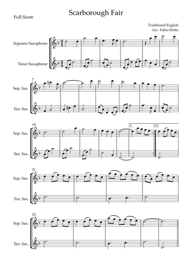 Scarborough Fair for Soprano Saxophone & Tenor Saxophone Duo (arr. Fabio Britto)