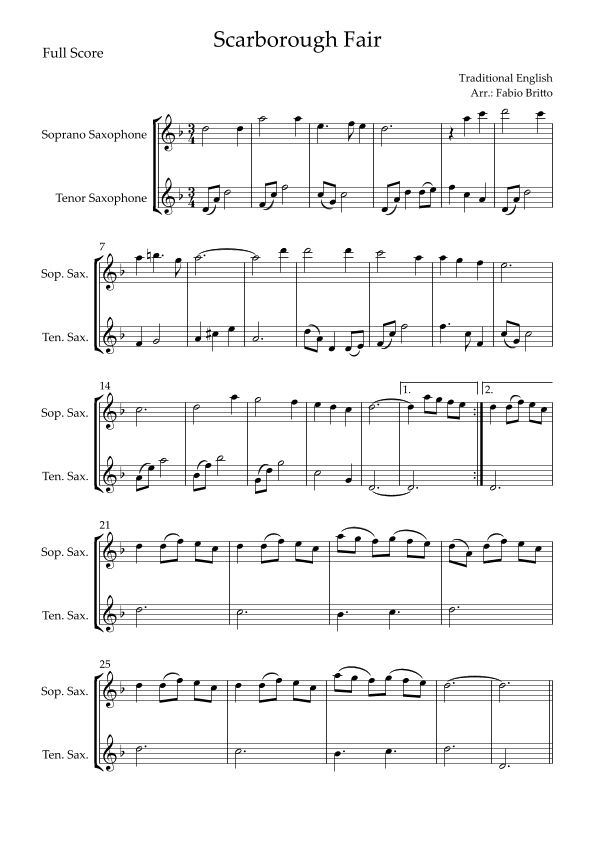 Scarborough Fair for Soprano Saxophone & Tenor Saxophone Duo (arr. Fabio Britto)