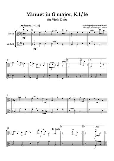Minuet in G major, K.1/1e (Viola Duet) - W. A. Mozart (arr. Henrique Oliveira)