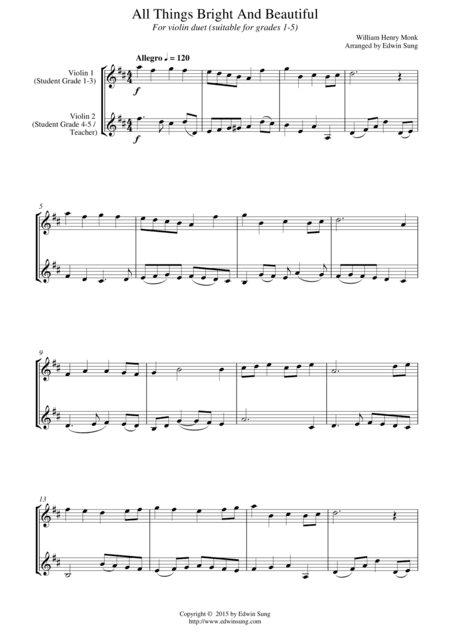 All Things Bright And Beautiful (for violin duet, suitable for grades 1-5) (arr. Edwin Sung)