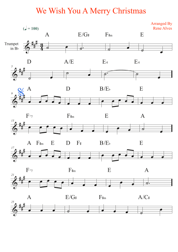 We Wish You A Merry Christmas, sheet music and trumpet melody in Bb for the beginning musician (easy (arr. Rene Alves)