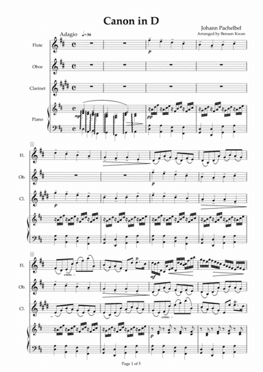 "Canon in D" - arranged for Woodwind Trio (with Piano accompaniment) (arr. Benson Kwan)