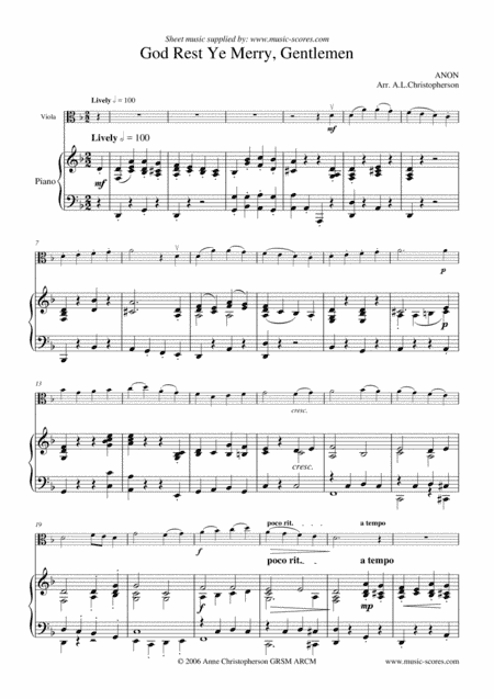 God Rest Ye Merry Gentlemen - Viola and Piano (arr. Anne L Christopherson GRSM ARCM)