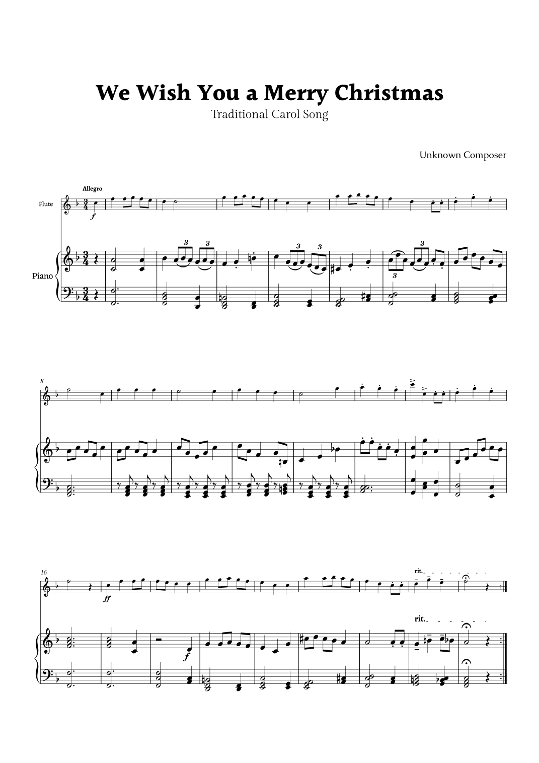 We Wish you a Merry Christmas for Flute and Piano (arr. Rika K.)